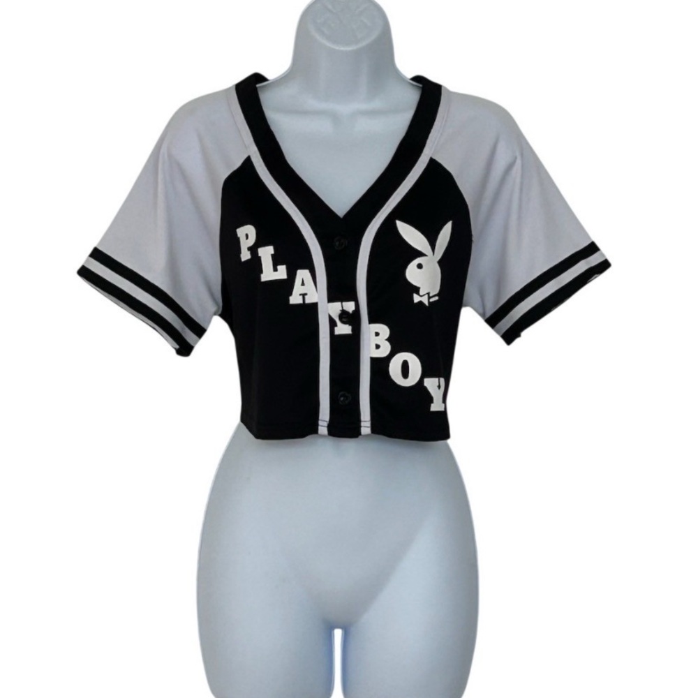 Playboy Cropped Baseball Jersey Top Women Size L Black White Button Front Logo - Picture 3 of 3